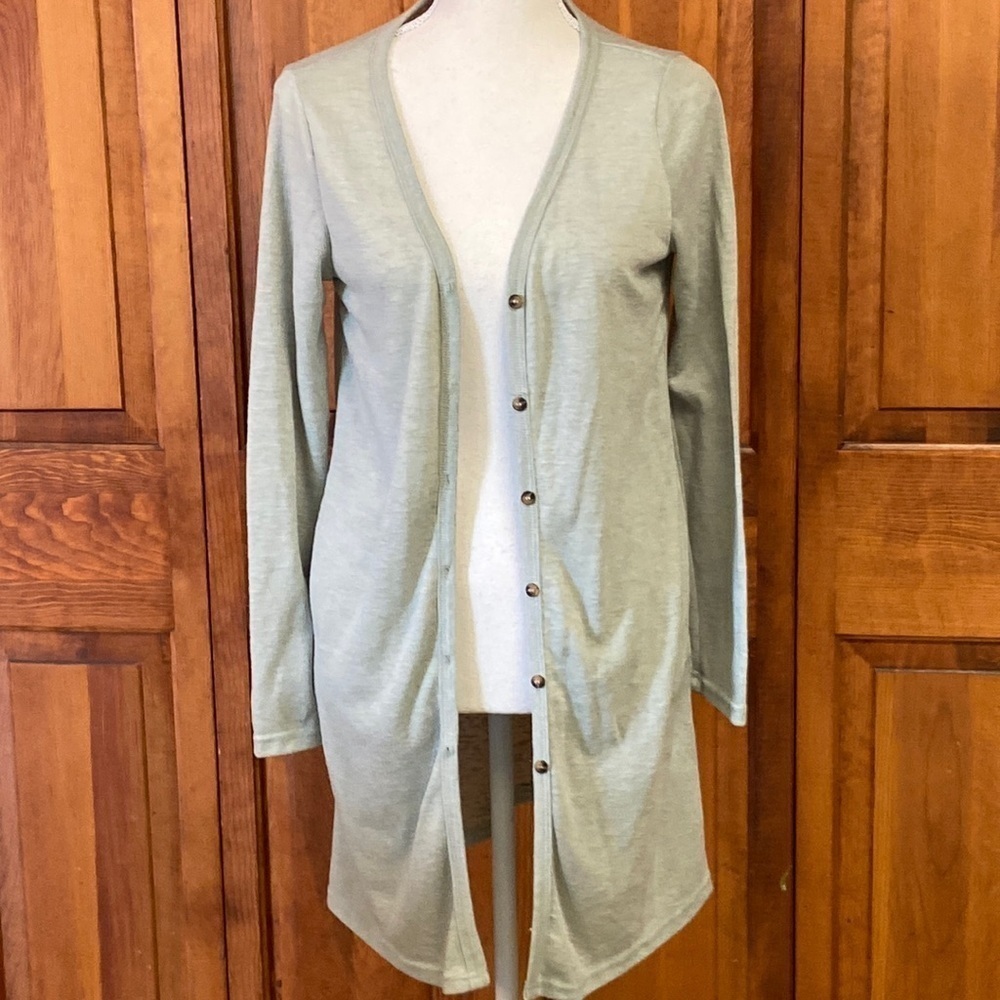 La Miel Longline Cardigan Lightweight Sweater Size Med Light Pastel Sage Green